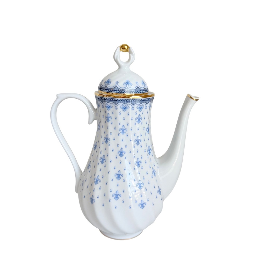 Porcelana Quinta Nova Coffee Tea Pot Blue Fleur-de-lis Gold Trim Portugal 9.5in